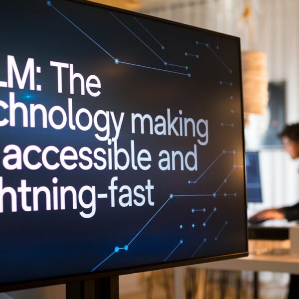 Computer monitor displaying 'VLLM: The technology making AI accessible and lightning-fast' with blue network lines in the background and a blurred person working at a desk