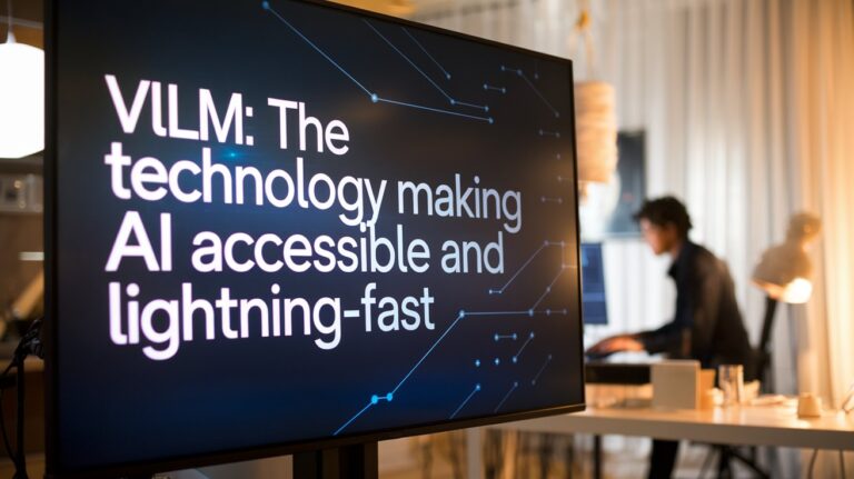 Computer monitor displaying 'VLLM: The technology making AI accessible and lightning-fast' with blue network lines in the background and a blurred person working at a desk