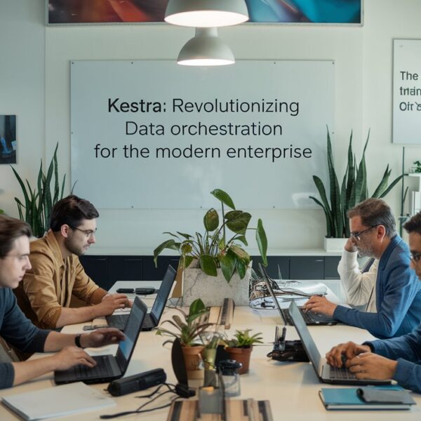 A modern office setting with four individuals working on laptops around a table, surrounded by potted plants and posters. A large whiteboard behind them displays the words: "Kestra: Revolutionizing Data Orchestration for the Modern Enterprise.