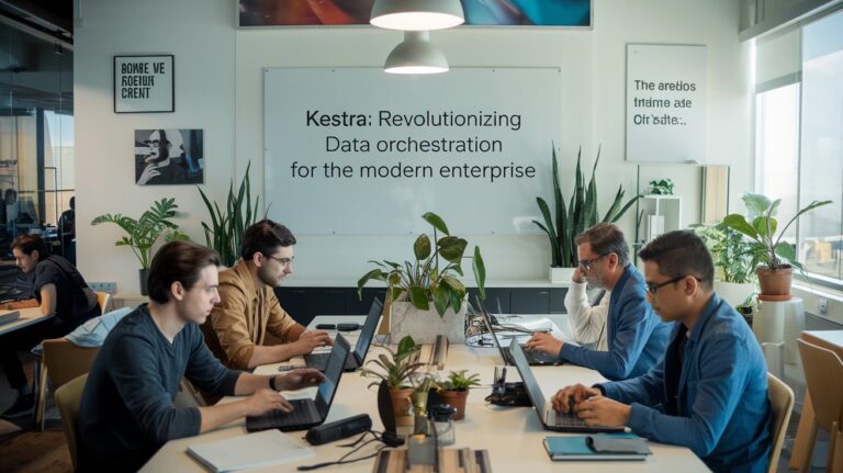 A modern office setting with four individuals working on laptops around a table, surrounded by potted plants and posters. A large whiteboard behind them displays the words: "Kestra: Revolutionizing Data Orchestration for the Modern Enterprise.