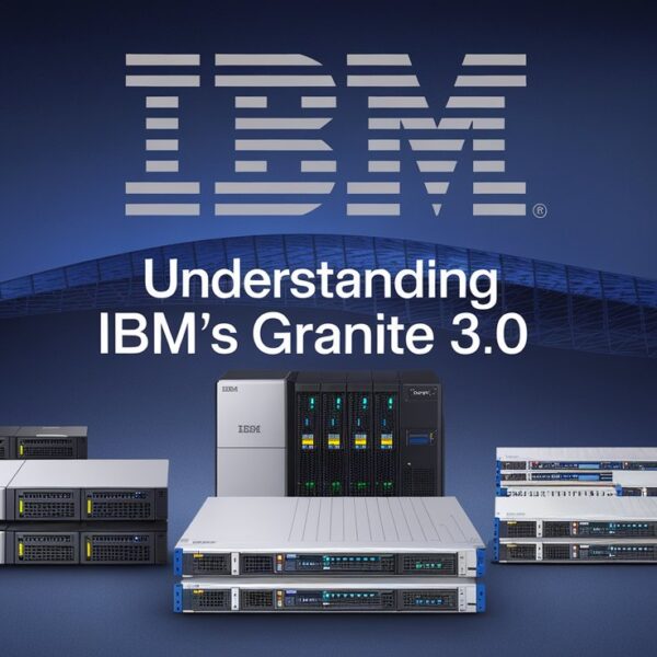 IBM logo above text 'Understanding IBM's Granite 3.0' with various IBM server and storage systems displayed on a dark blue gradient background