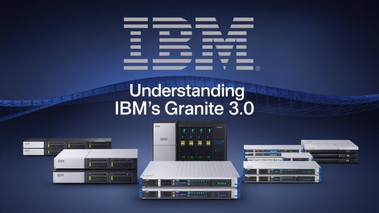 IBM logo above text 'Understanding IBM's Granite 3.0' with various IBM server and storage systems displayed on a dark blue gradient background