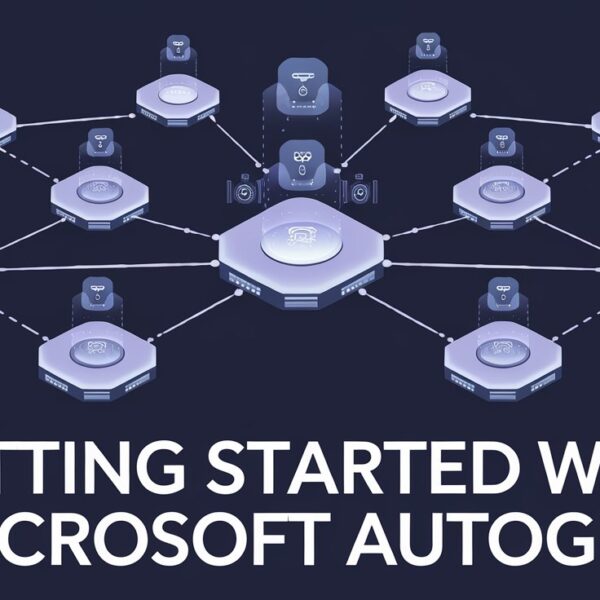 A visual representation of a multi-agent AI workflow, illustrating interconnected hexagonal nodes with robot icons, symbolizing AI agents. The nodes are connected by dotted lines, depicting communication and coordination between agents. The title at the bottom reads, "Getting Started with Microsoft AutoGen