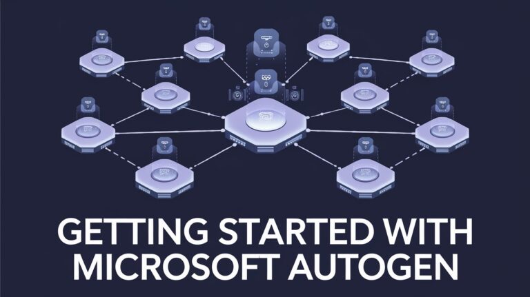 A visual representation of a multi-agent AI workflow, illustrating interconnected hexagonal nodes with robot icons, symbolizing AI agents. The nodes are connected by dotted lines, depicting communication and coordination between agents. The title at the bottom reads, "Getting Started with Microsoft AutoGen