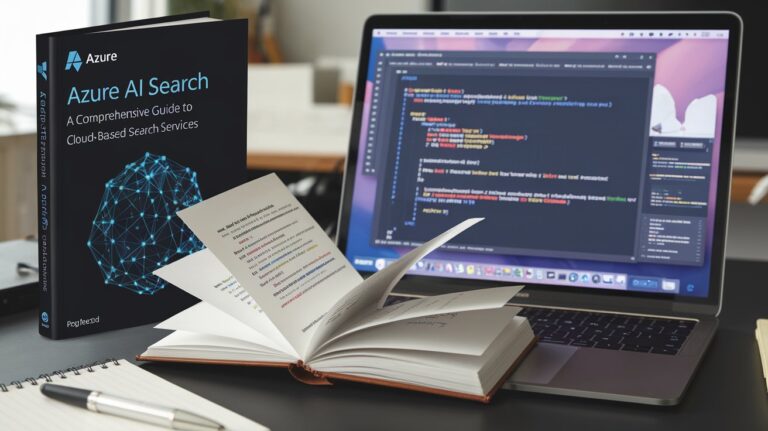 Azure AI Search guidebook next to an open notebook and laptop displaying code on desk