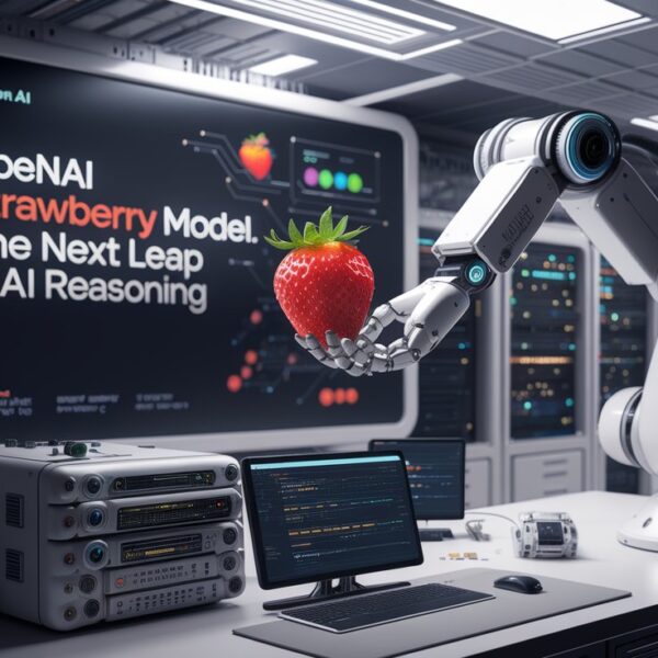 A futuristic AI laboratory with a robotic arm holding a strawberry. The background features a large digital screen displaying the title "OpenAI Strawberry Model: The Next Leap in AI Reasoning," emphasizing the advancements in AI problem-solving and reasoning capabilities.