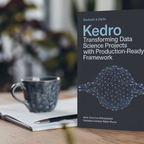 A hardcover book titled 'Kedro: Transforming Data Science Projects with Production-Ready Framework' on a wooden desk next to a notebook, pen, and decorative coffee mug. The book has a dark cover with a blue neural network illustration.