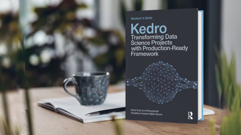 A hardcover book titled 'Kedro: Transforming Data Science Projects with Production-Ready Framework' on a wooden desk next to a notebook, pen, and decorative coffee mug. The book has a dark cover with a blue neural network illustration.