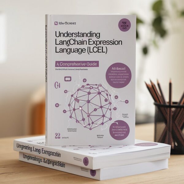 A book titled 'Understanding LangChain Expression Language (LCEL): A Comprehensive Guide' placed on a wooden table, with a network diagram on the cover. The book is positioned next to a pencil holder and a lamp in a minimalist office setting." Title: "Understanding LangChain Expression Language (LCEL) Book