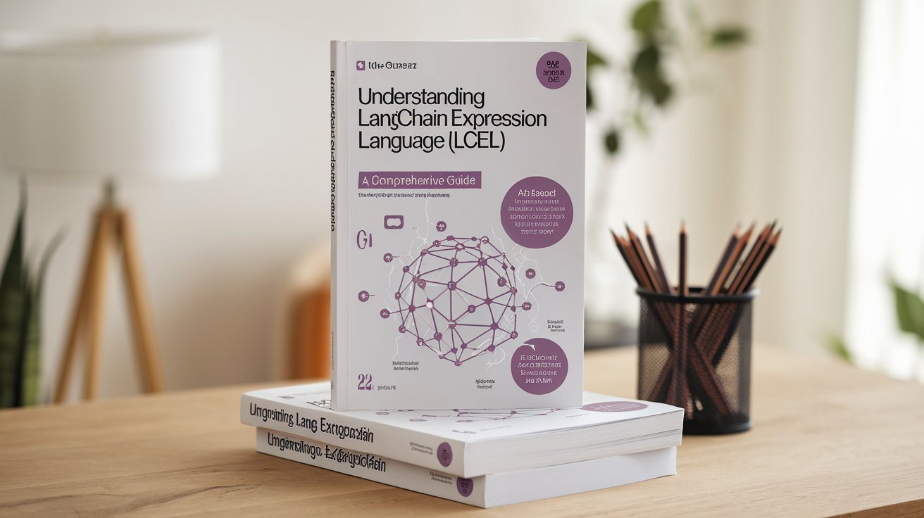 A book titled 'Understanding LangChain Expression Language (LCEL): A Comprehensive Guide' placed on a wooden table, with a network diagram on the cover. The book is positioned next to a pencil holder and a lamp in a minimalist office setting." Title: "Understanding LangChain Expression Language (LCEL) Book