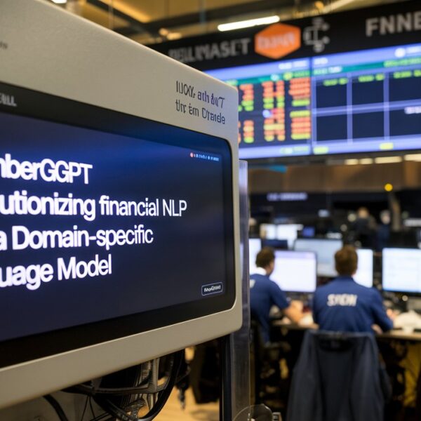 A monitor in a financial trading environment displaying "BloombergGPT: Revolutionizing financial NLP with a Domain-specific Language Model," with stock data and traders visible in the background.