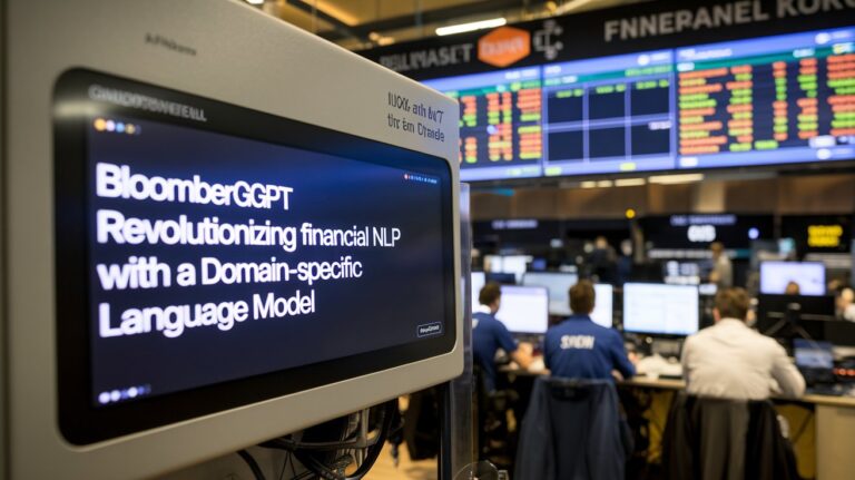 A monitor in a financial trading environment displaying "BloombergGPT: Revolutionizing financial NLP with a Domain-specific Language Model," with stock data and traders visible in the background.