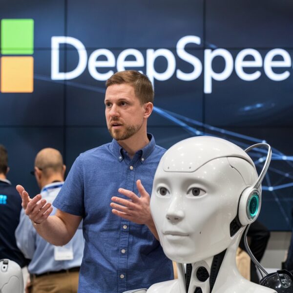 A person in a blue shirt presenting alongside humanoid robot heads at a DeepSpeed technology display