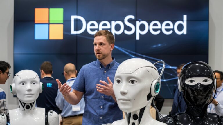 A person in a blue shirt presenting alongside humanoid robot heads at a DeepSpeed technology display