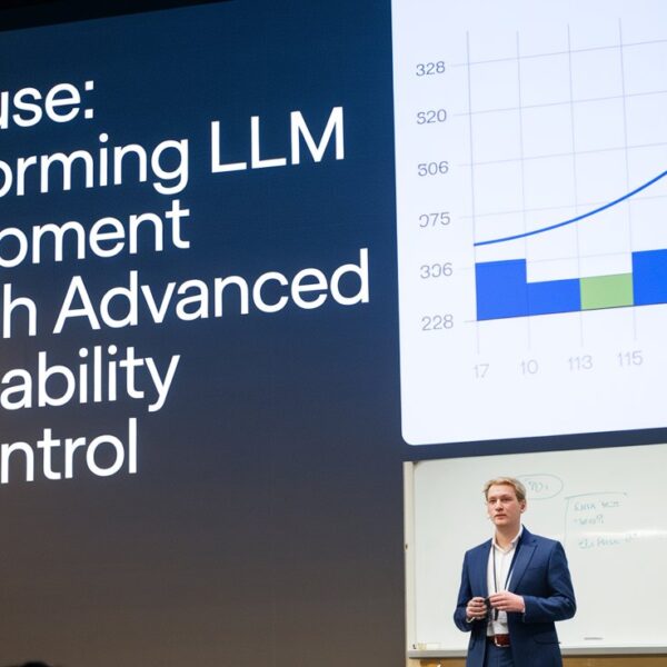 A presentation slide showing 'LangFuse: Transforming LLM Development Through Advanced Observability and Control' with a speaker in a blue suit standing next to performance graphs and a whiteboard