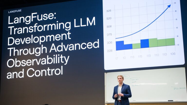 A presentation slide showing 'LangFuse: Transforming LLM Development Through Advanced Observability and Control' with a speaker in a blue suit standing next to performance graphs and a whiteboard