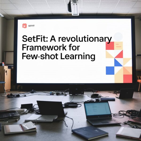 A classroom or training room showing a large projection screen displaying 'SetFit: A revolutionary Framework for Few-shot Learning' with laptops and equipment scattered on a table in the foreground.