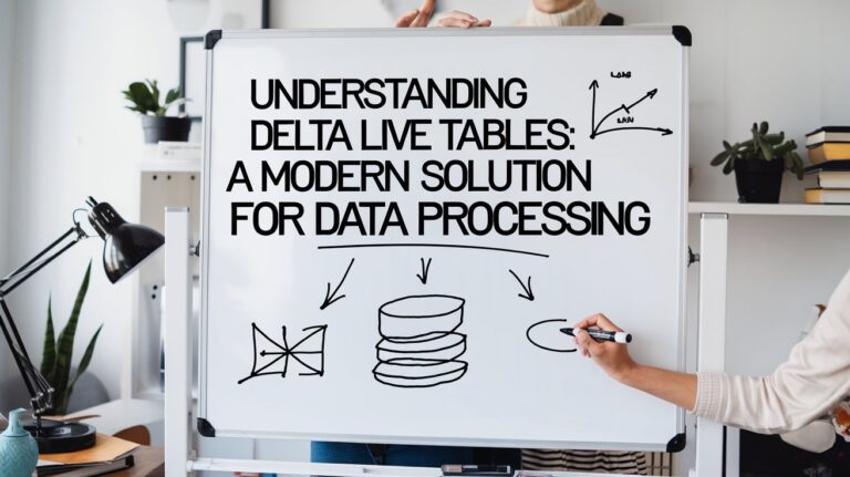 Whiteboard presentation showing 'Understanding Delta Live Tables: A Modern Solution for Data Processing' with simple diagrams of data flow and database architecture