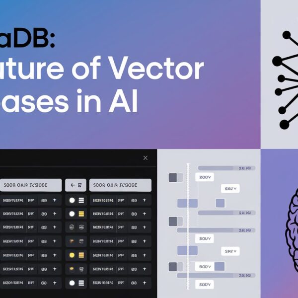 A composite image showing four quadrants related to ChromaDB and AI: top left shows the title 'ChromaDB: The Future of Vector Databases in AI' on a blue-purple gradient background; top right displays a network diagram with interconnected nodes; bottom left shows a code interface or database console with multiple rows of commands; bottom right features an illustration of a human brain in purple.