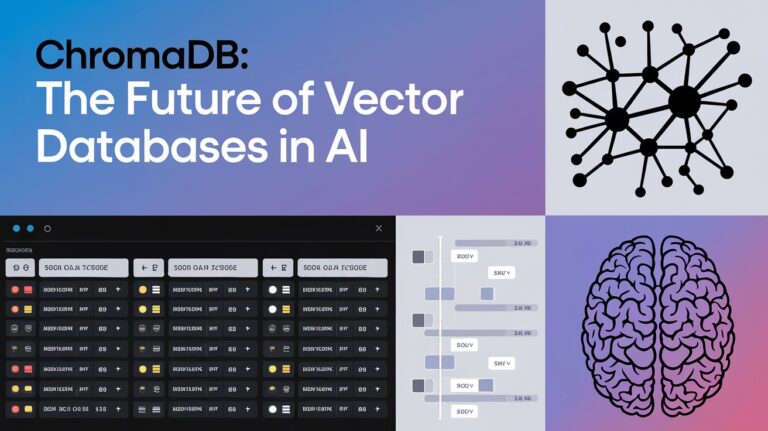 A composite image showing four quadrants related to ChromaDB and AI: top left shows the title 'ChromaDB: The Future of Vector Databases in AI' on a blue-purple gradient background; top right displays a network diagram with interconnected nodes; bottom left shows a code interface or database console with multiple rows of commands; bottom right features an illustration of a human brain in purple.