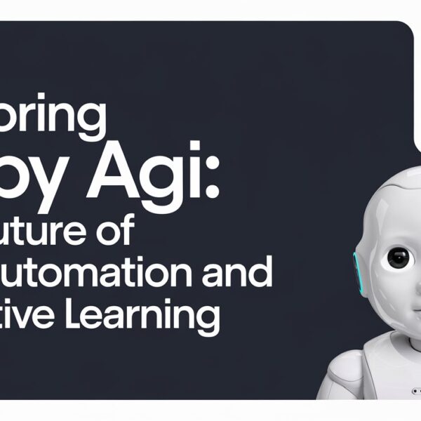 A humanoid robot with large, expressive eyes and a sleek white exterior, presented alongside text reading 'Exploring Baby AGI: The future of task automation and Adaptive Learning.' A small robotic device is shown in the upper corner.