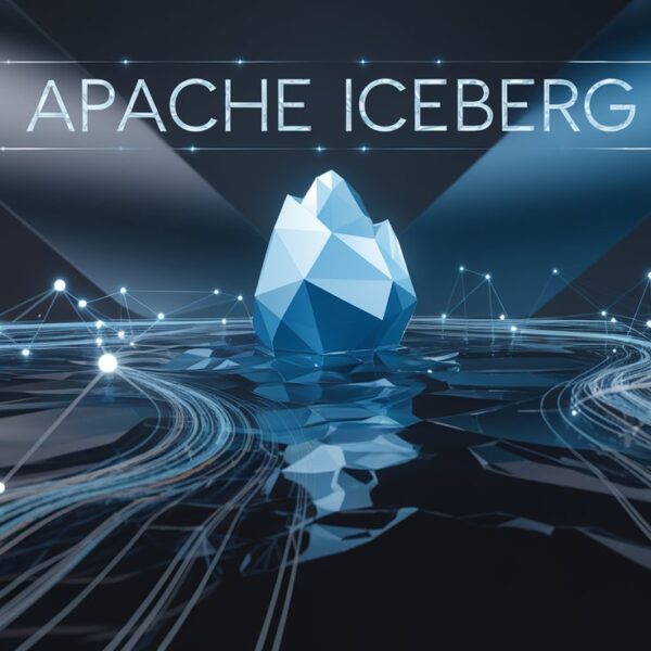 Abstract futuristic data lake with flowing lines, representing large-scale data, centered around a geometric iceberg symbolizing Apache Iceberg. Glowing nodes and network connections represent data management and transactions, set against a dark blue and black gradient background.