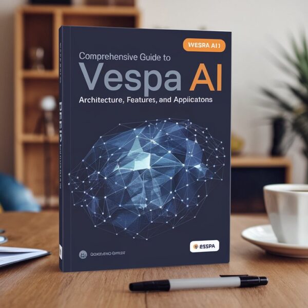 Vespa AI guidebook displayed on wooden desk with notebook, pen, and coffee cup in a cozy home office setting