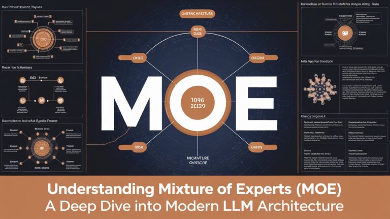 Infographic showing the technical architecture and components of Mixture of Experts (MoE) system with a central MOE logo surrounded by various interconnected modules and explanatory diagrams