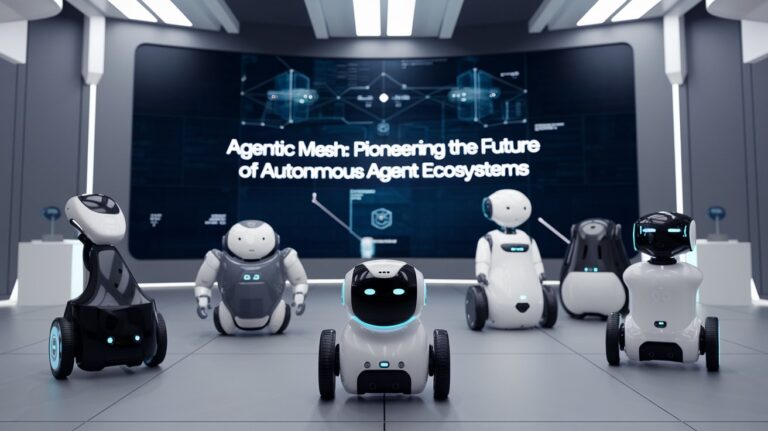 Six small autonomous robots with varying designs displayed in a futuristic showroom with a large screen showing 'Agentic Mesh: Pioneering the Future of Autonomous Agent Ecosystems