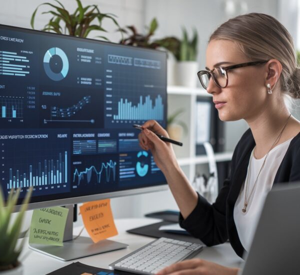 Data Engineer wearing glasses analyzing multiple data visualizations including charts, graphs, and metrics on a large monitor in a modern office setting using Artifical Intelligence and Generative Ai