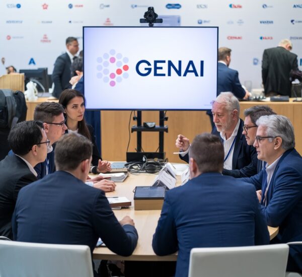 Business professionals in a meeting room discussing Generative AI strategy, with GENAI logo displayed on a large screen and various tech company logos in the background