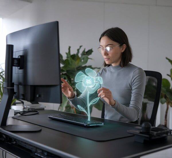 Person wearing glasses and a grey sweater interacting with a holographic flower projection emanating from their keyboard at a modern desk with plants in the background and learning about creativity with the Use of Artifical intelligence and Generative Ai