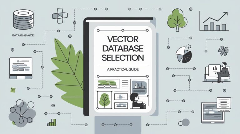 A flat design illustration showing a "Vector Database Selection" guide book surrounded by related database and analytics icons including charts, trees, networks, and data visualizations on a light blue-grey background.