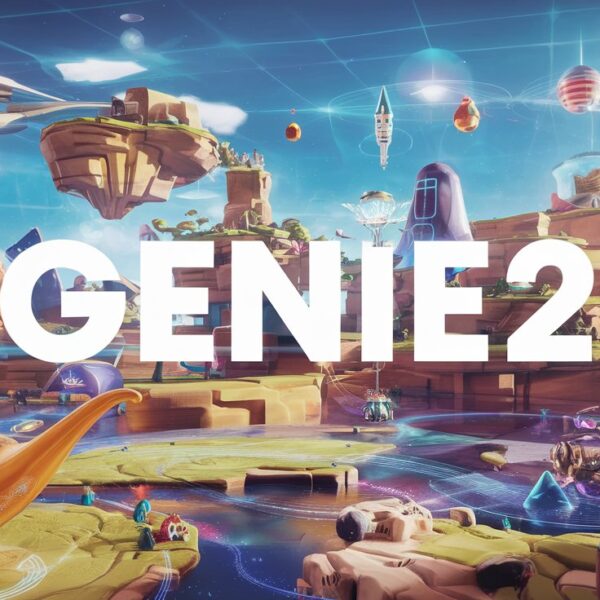 A vibrant futuristic 3D digital landscape featuring floating islands, advanced technology, glowing structures, and a golden genie lamp in the foreground, with "GENIE 2" text overlayed.