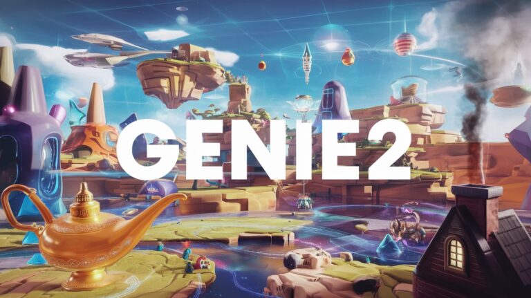 A vibrant futuristic 3D digital landscape featuring floating islands, advanced technology, glowing structures, and a golden genie lamp in the foreground, with "GENIE 2" text overlayed.